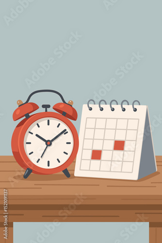 Strategic time management tools: red alarm clock and planner calendar on desk. Visual concept for organization, scheduling, meeting deadlines, productivity, and effective daily or weekly planning.