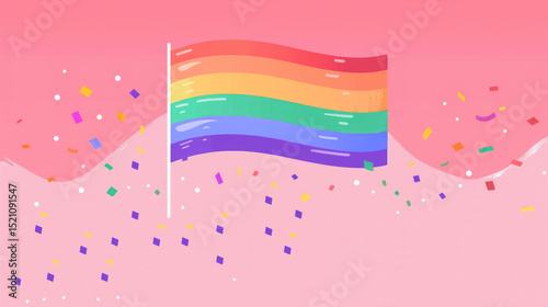 Colorful Pride Flag with Confetti on a Pink Background Celebrating Diversity and Inclusion in Contemporary Society