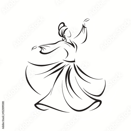 Minimalist line art illustration of a whirling dervish dancer in motion