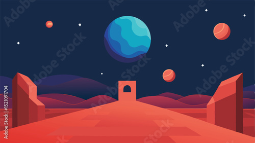 Martian landscape vector illustration with planets stars and ancient ruins in flat style