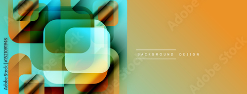 Abstract geometric shapes, vibrant colors, modern design. Orange gradient dominates right side, layered squares create visual interest.