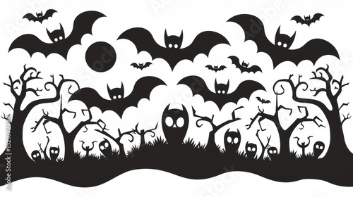 Halloween themed silhouette design with bats, moon, trees, and spooky elements for seasonal decor or festive celebrations