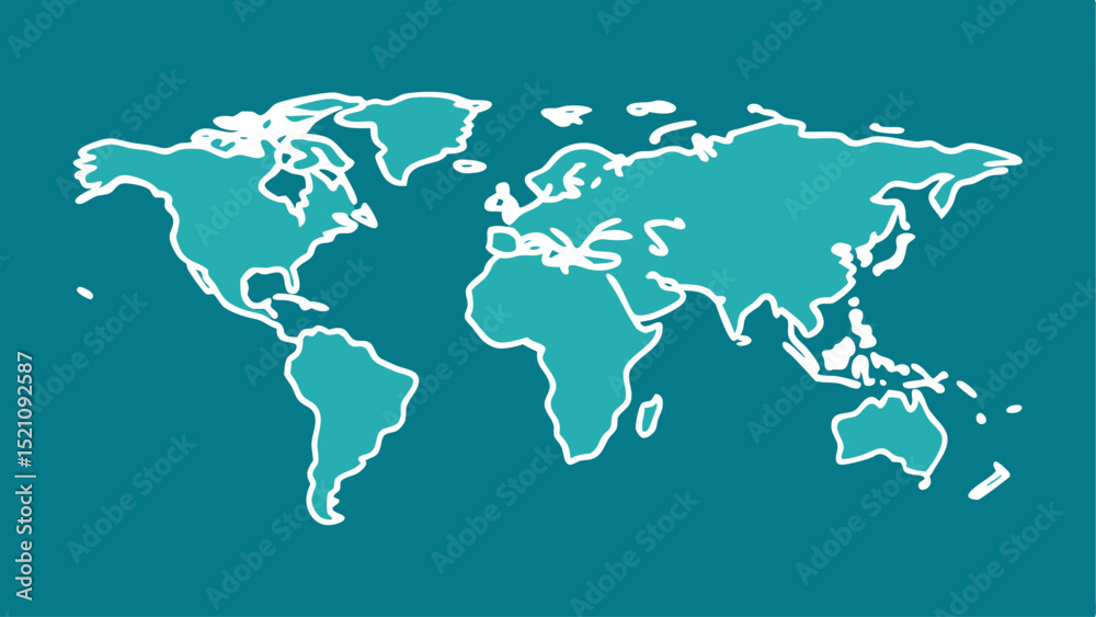 Obraz premium Teal world map illustration white outline on teal background geography design