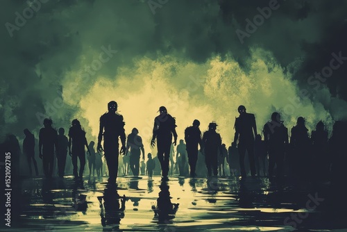 Zombie Walking. A Halloween Illustration of Crowd of Zombies Walking in Horror Apocalypse