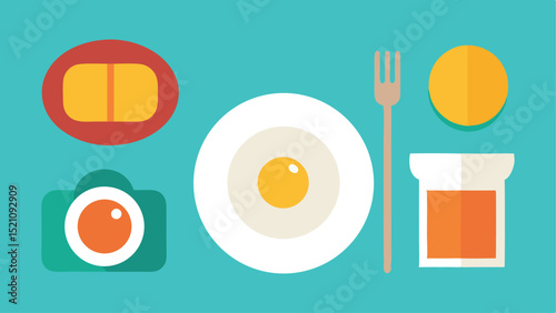 Flat design still life composition featuring food items and camera icon