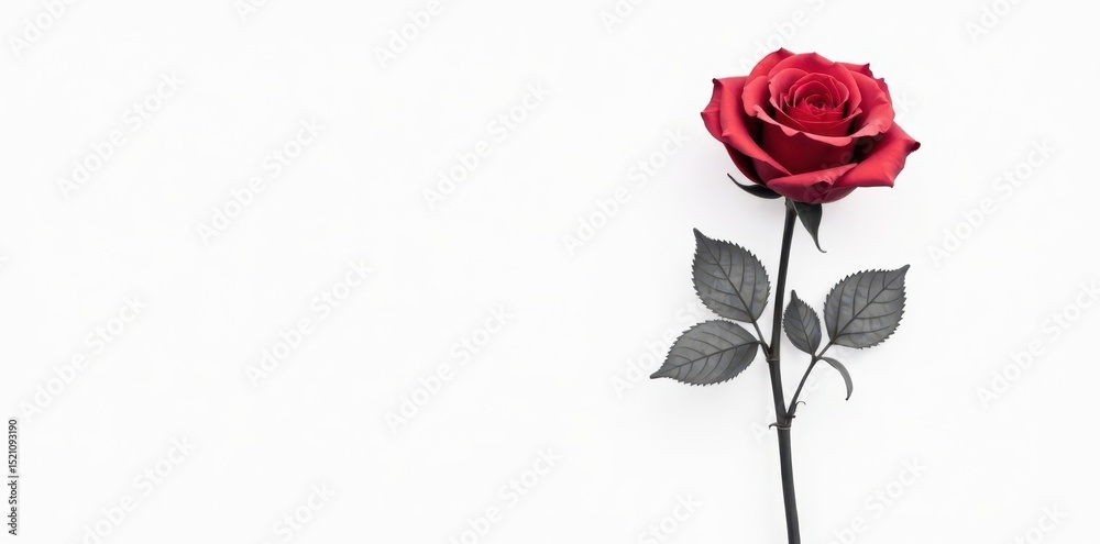 Fototapeta premium Single rose, black and white line art Simple stem, leaves , line drawing, classic