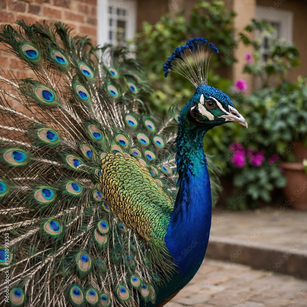 Fototapeta premium A vibrant peacock showing off its iridescent tail feathers in a courtyard garden.