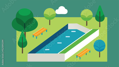 Stylized swimming pool design surrounded by trees and benches in summer illustration