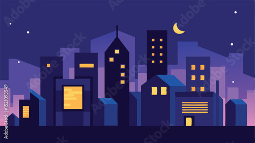 Vector illustration of a cityscape at night with moon and stars
