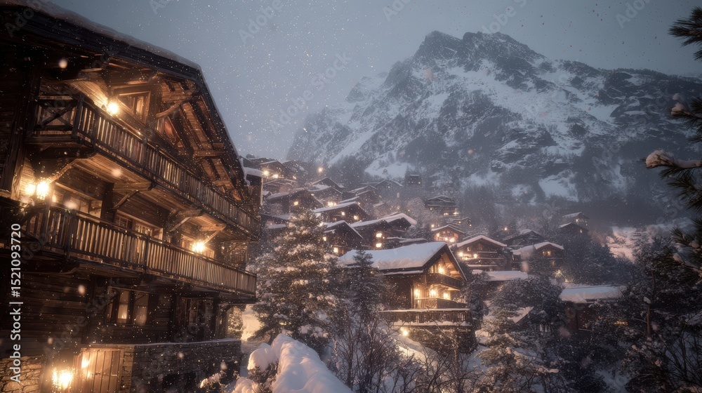 Fototapeta premium artistic professional photo of snow falling on an alpine village with warm lights, perfect lighting, realistic and cinematic style