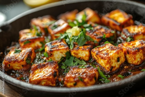 A skillet of spicy, pan-fried paneer cheese cubes, garnished with fresh cilantro. photo