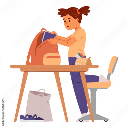 Elementary school girl preparing for school picking up her bag flat vector illustration isolated on white.