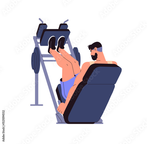 Sportsman does physical exercises with leg press machine. Athlete pumps muscles with sport equipment in fitness gym. Man does strength training, workout. Flat isolated vector illustration on white