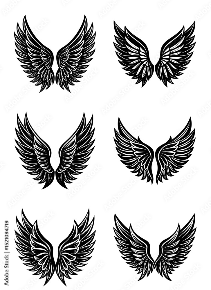 Feather Wing Silhouette Icon Set in Vector Format. Elegant Black Bird and Angel Wings on White Background. Ideal for Logos, Emblems, Tattoo Art, and Branding Graphics
Feather Wing Silhouette Icon Set in Vector Format. Elegant Black Bird and Angel Wings on White Background. Ideal for Logos, Emblems, Tattoo Art, and Branding Graphics