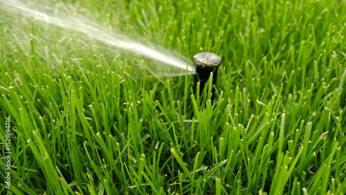 Automatic garden irrigation system watering lawn. Savings of water from sprinkler irrigation system with adjustable head. Automatic equipment for irrigation and maintenance of lawns, gardening.