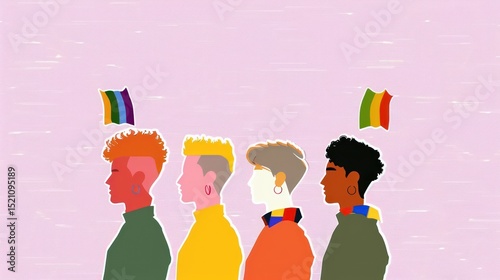 Colorful Illustration of Diverse Individuals Celebrating Pride with Rainbow Flags in a Feminist Context