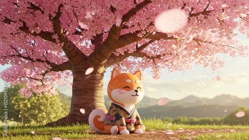 Anime Shiba Inu Dog Underneath Cherry Blossom Tree with Pink Petals and Serene Mountain View
