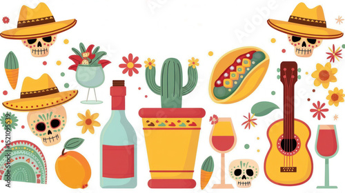 Mexican Fiesta Elements with Cactus, Skulls, Guitars, Hats, and Flowers for Celebratory Designs