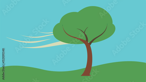 Flat vector illustration of tree bent by wind on green hill and blue sky