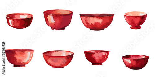 Multiple vector illustrations red bowl, watercolor style
