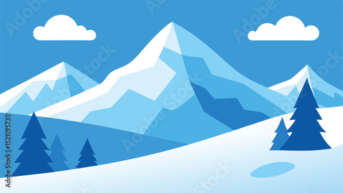 Winter landscape with snow mountains and evergreen trees in blue tones vector illustration