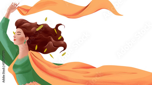 Mexican Woman in flowing orange scarf celebrating freedom and joy with vibrant hair and expressive movement in an artistic illustration