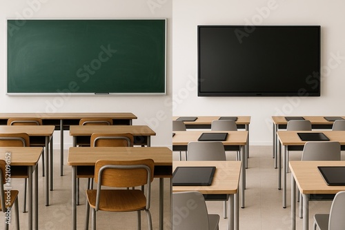Wallpaper Mural Modern classroom setup featuring traditional chalkboard and digital display with empty desks Torontodigital.ca