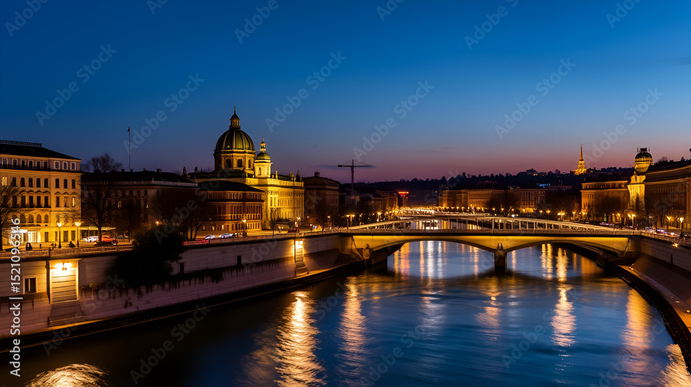 Fototapeta premium Urania and Danube Canal day to night timelapse in Vienna.