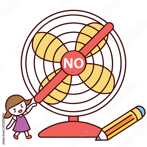 Girl near a cooling fan and pencil