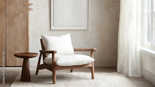 Simple low armchair with natural wood frame and linen cushions