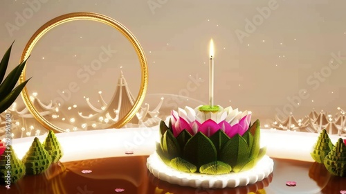 Beautifully Crafted Lotus Shaped Cake with Candle Surrounded by Intricate Decorations and Soft Glow in a Festive Setting
