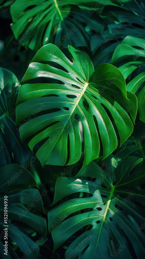 Obraz premium artistic professional photo of tropical monstera leaves with morning backlight and shadows, perfect lighting, realistic and cinematic style