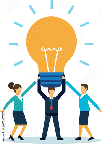 Business Team Lifting a Giant Lightbulb Together