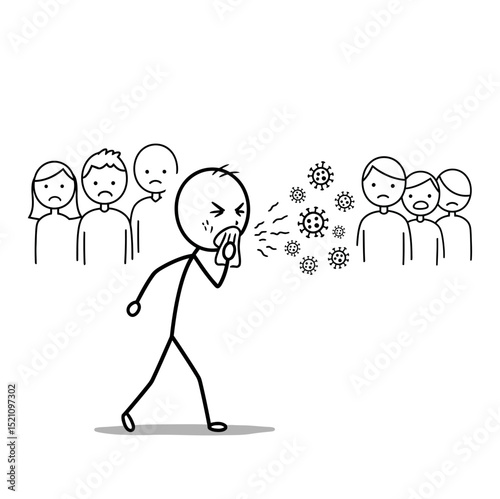 Stickman virus corona spreading virus particles among a crowd of stick figures