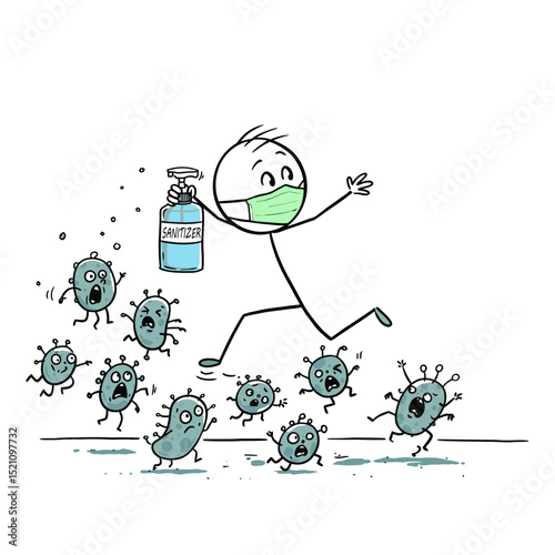 Stickman virus corona with stickman running from virus cells while holding sanitizer