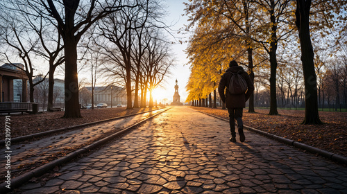 Lone traveler walking through tree-lined city boulevard at sunrise in autumn, silhouetted against golden morning light photo
