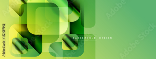 Abstract geometric shapes overlap, creating layered green visual. Modern design elements suggest technology, innovation. Smooth gradients enhance depth.