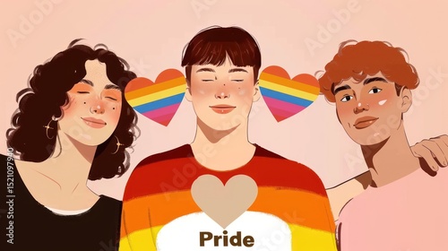 Celebrating Love and Diversity with Colorful Hearts and Joyful Faces in LGBTQ+ Pride Theme