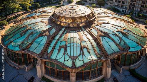 Aerial view of Art Nouveau glass dome structure with flowing organic design and teal stained glass panels in urban garden setting