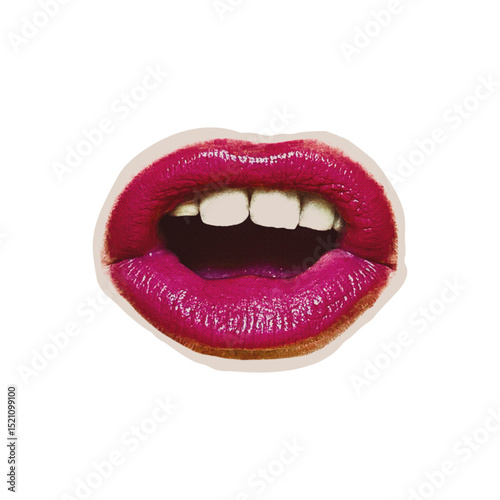 Trendy halftone collage of open woman mouth cut out an old newspaper. Isolated vector illustration colorful retro sticker with Bitmap Dots texture. Vintage Pop art aesthetic, 80s-90s vibe, nostalgic