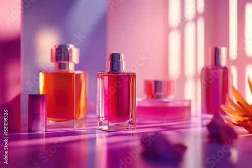 Pink Perfume Bottles on Purple Background