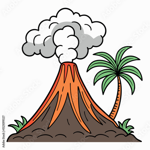 Active Volcano Landscape with Smoke Palm Tree