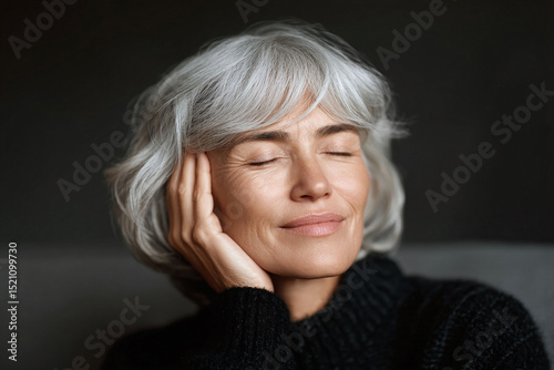 Serene woman with silver hair, eyes closed, hand on cheek. Reflecting, peaceful expression. Represents tranquility, beauty, selfcare, and healthy aging concept.