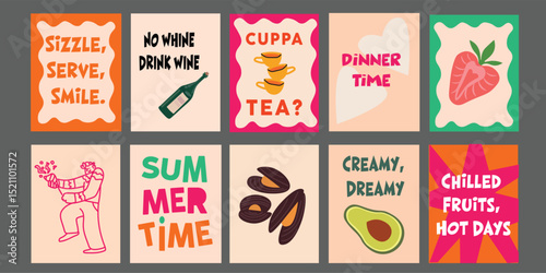 Fresh and fun summer banner for organic cafes or modern bistros. Combines fresh produce like avocado, tomato, and pineapple with tropical phrases. Eye-catching design perfect for promoting summer menu