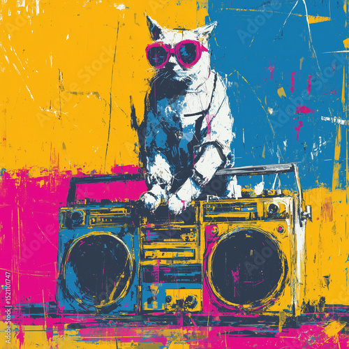 popart opart kunst illustration katze auf ghettoblaster