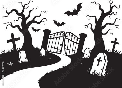 Halloween Cemetery gate silhouette vector illustration, Cemetery gate elements for fear holiday background