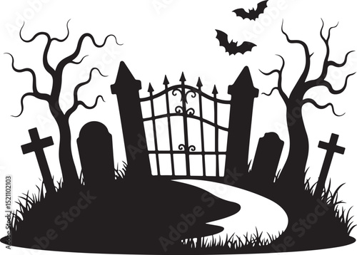 Halloween Cemetery gate silhouette vector illustration, Cemetery gate elements for fear holiday background