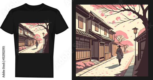 Two women walking on the street wearing fashionable T shirts in a vector illustration style A Peaceful Stroll Under Sakura Trees Along Kyoto’s Historic Lanes