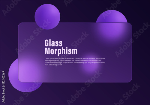 Dark glass morphism layout with frosted panel and vibrant purple 3D spheres on a deep violet background