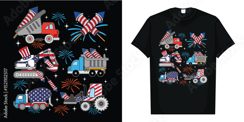Kids 4th July Construction Trucks Vehicle Patriot Boy Kid Toddler T-Shirt